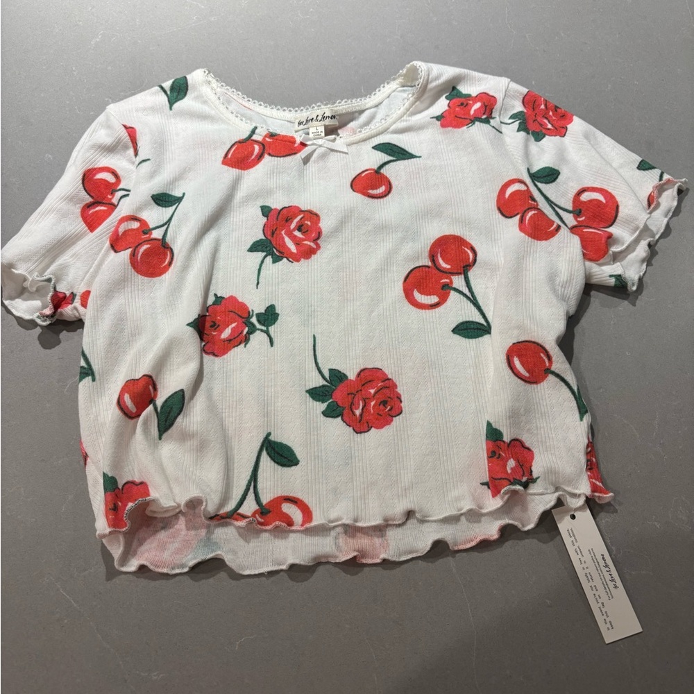 For Love And Lemons White and Red Cherry Floral Tee